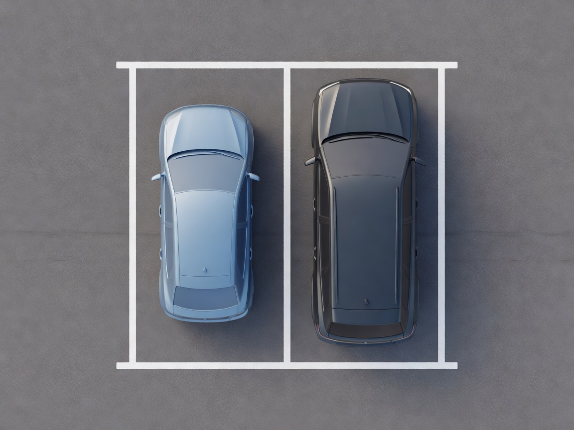 3D top-down view showing a small car fitting easily into a tight parking space compared to an SUV