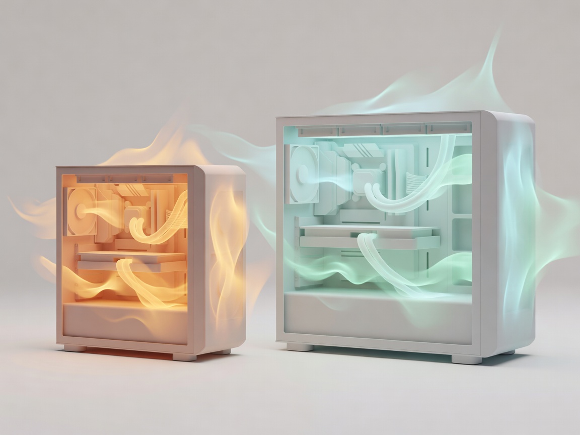 Abstract 3D render showing heat flow in a small vs large computer case